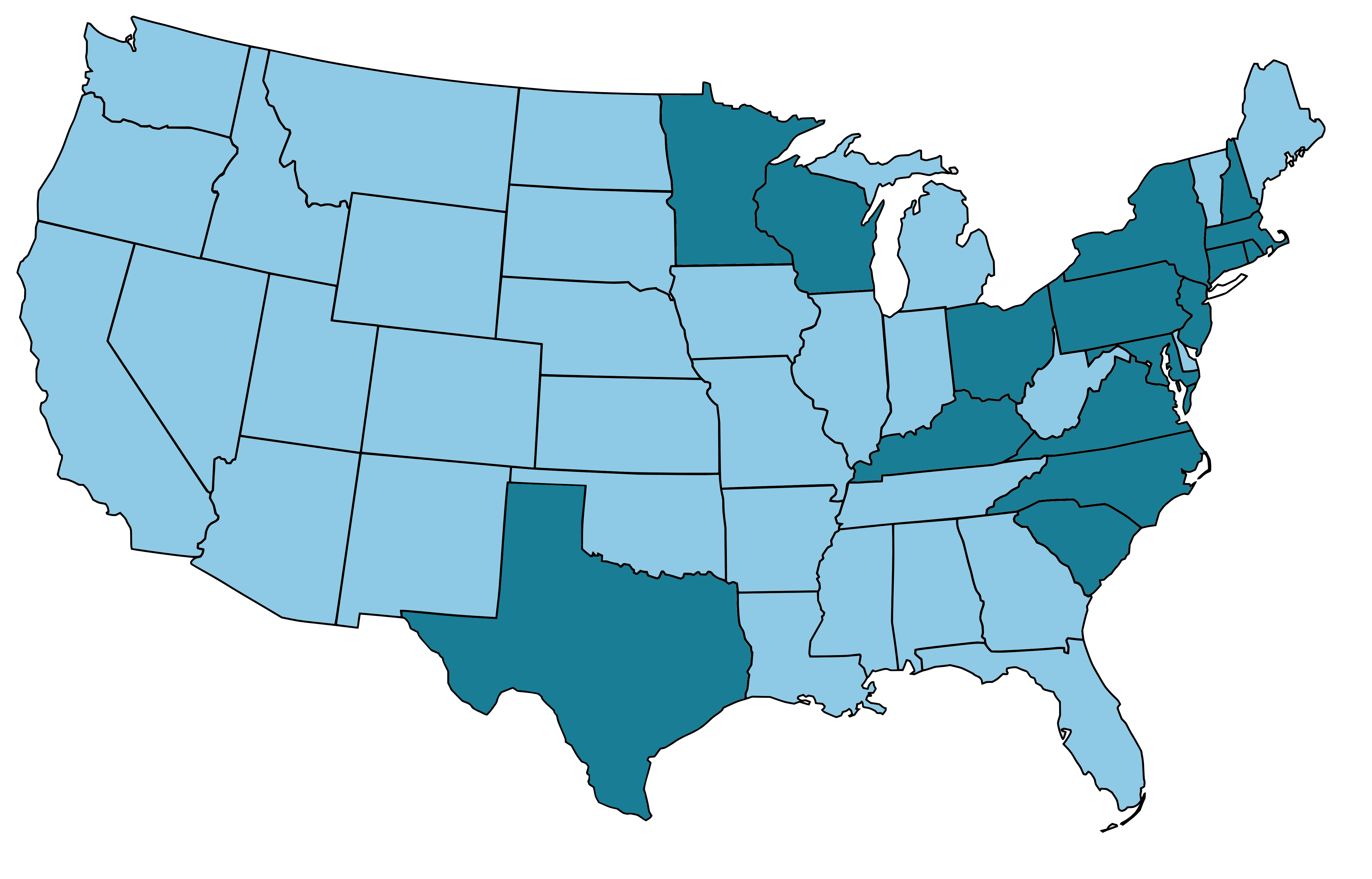 Map of the continental United States showing our coverage area.